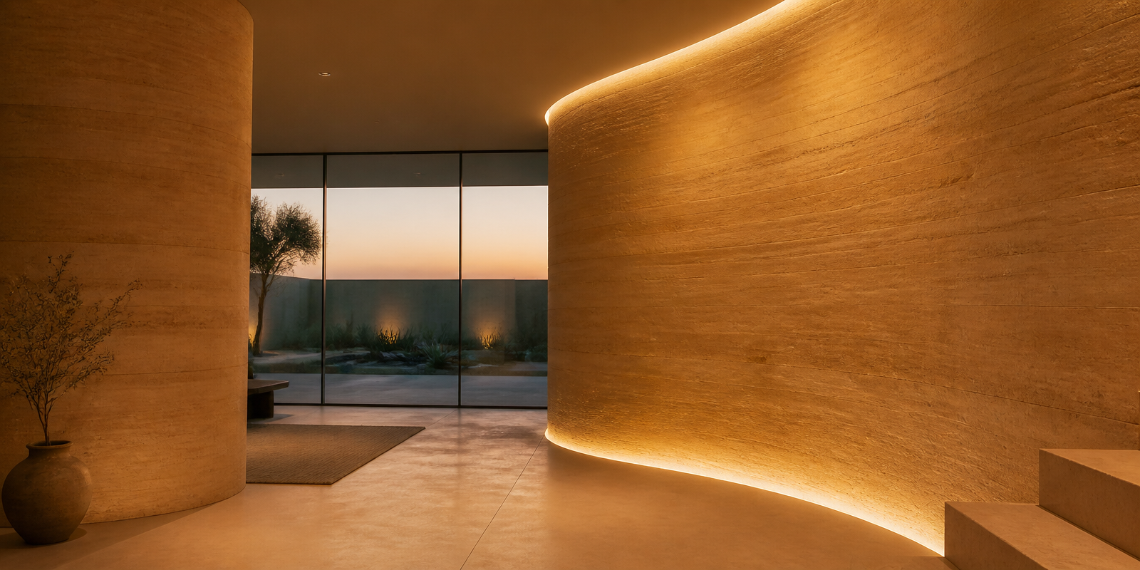 Warm sand-toned curved stone wall and column in a modern interior