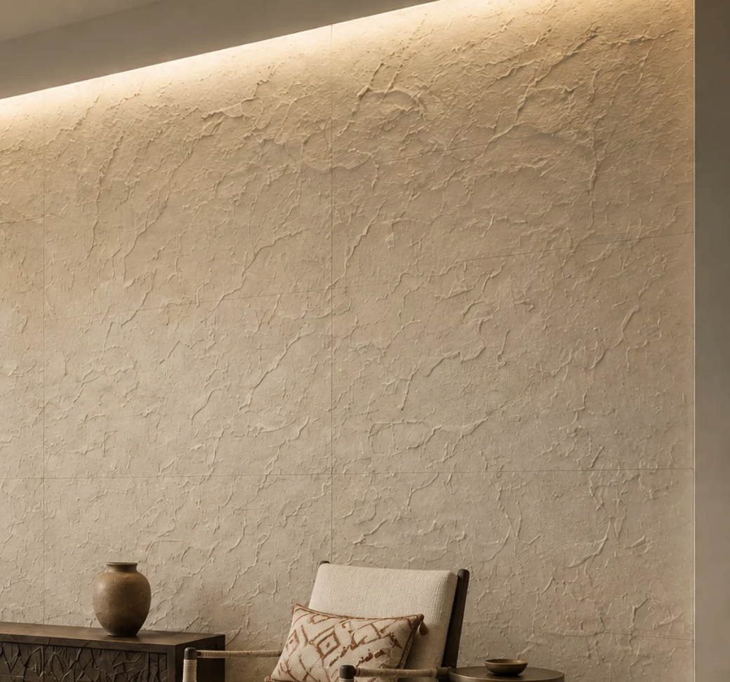 Backlit textured stone wall in a warm majlis interior