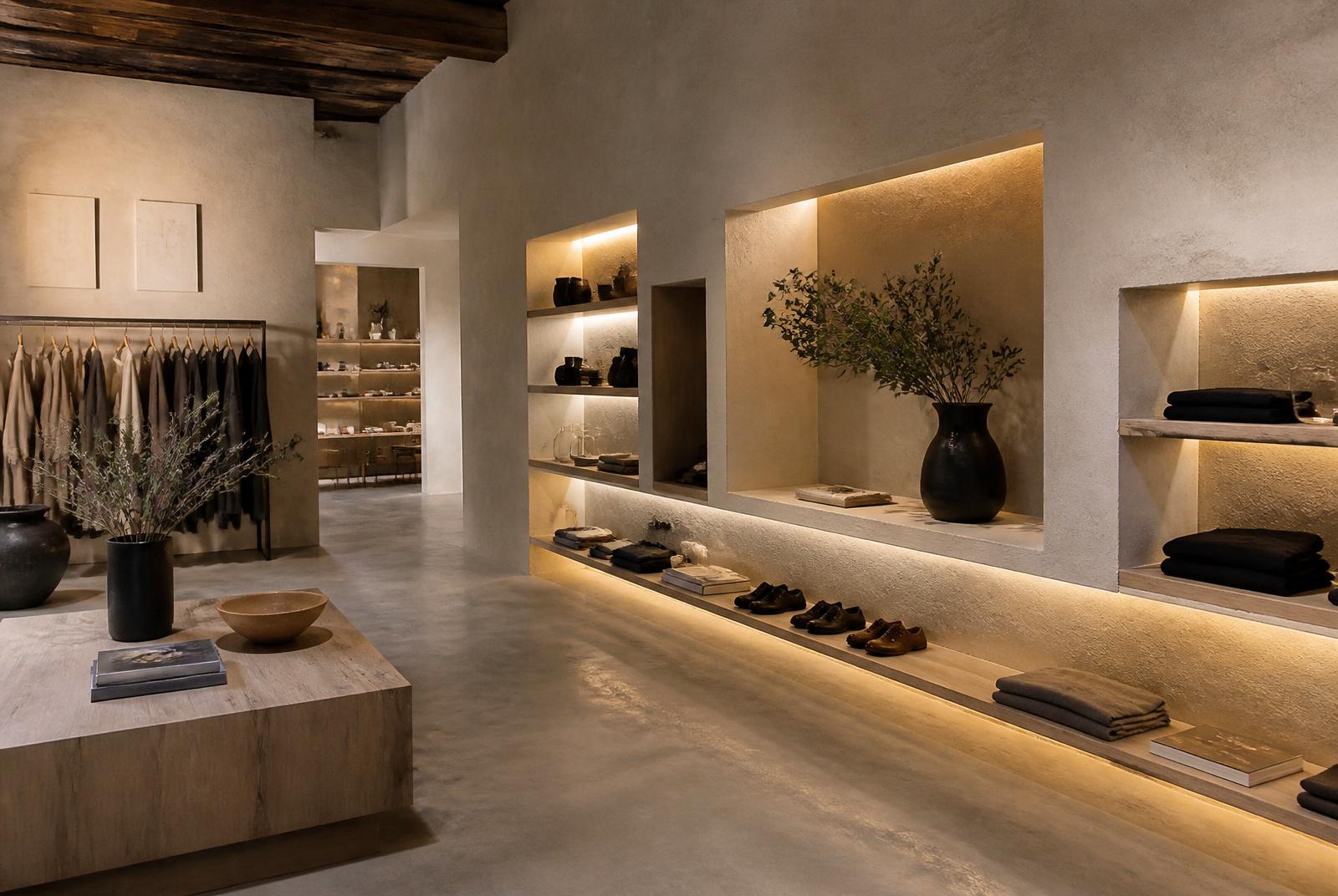 Retail boutique with clay plaster walls and backlit niches